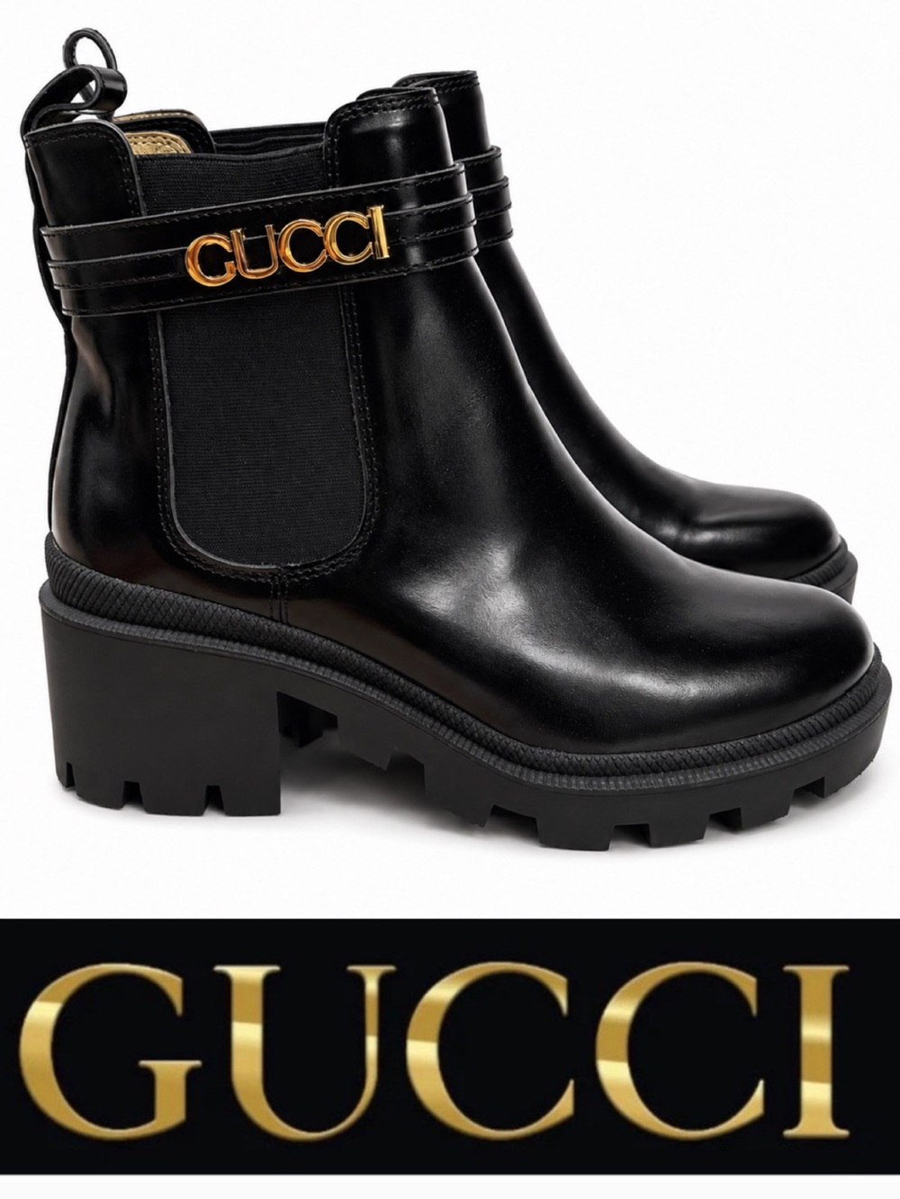 GUCCI Black Leather Lug Chelsea Boot with Gold Logo Strap